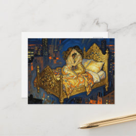 De kus van geliefden Magisch bed boven de stad Fan Briefkaart