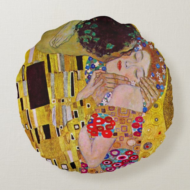 De kus van Gustav Klimt,  Art Nouveau Rond Kussen (Achterkant)