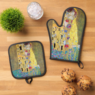 De Kus van Gustav Klimt, Oude Art Nouveau Ovenwant & Pannenlap Set