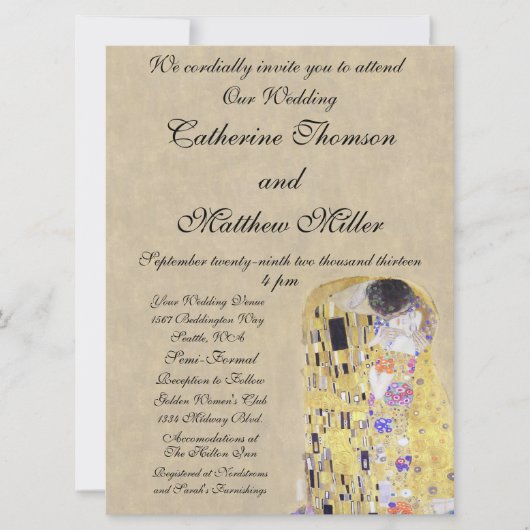 De kus van Klimt Creamy Sand Wedding Invitation Kaart (Voorkant)