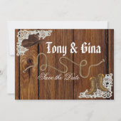 De laarzen & het Rustic Hood van de kant sparen de Save The Date (Achterkant)