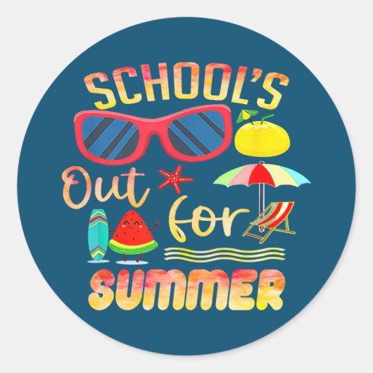 De laatste dag van de zomer is de school uit voor  ronde sticker (Voorkant)