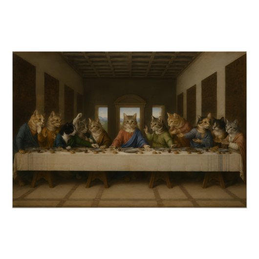 De Laatste Maaltijd Katten Parodie Renaissance Kun Perfect Poster (Voorkant)