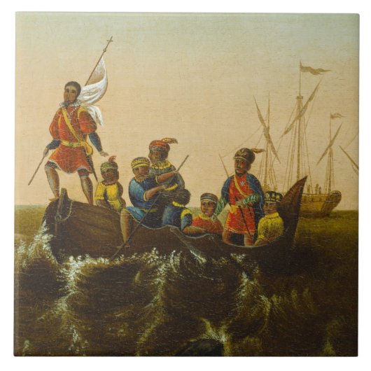 De landing van Columbus, c.1837 (olie op canvas) Tegeltje (Voorkant)