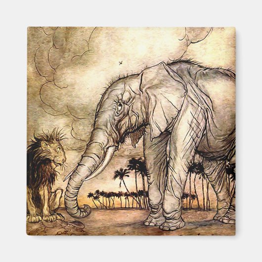 “De Leeuw en de Olifant” door Arthur Rackham Magneet (Voorkant)