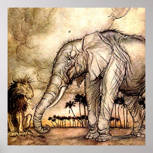“De Leeuw en de Olifant” door Arthur Rackham Poster (Voorkant)