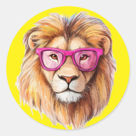 De Leeuw met Roze Bril Gele Achtergrond Ronde Sticker