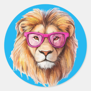 De Leeuw met Roze Brillen Donkerblauwe Achtergrond Ronde Sticker
