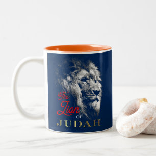 De leeuw van de Judah Navy Blue Red Gold Christeli Tweekleurige Koffiemok