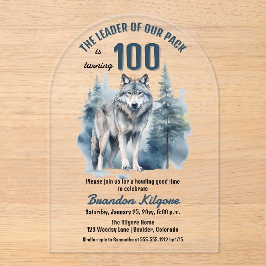 De leider van onze roedel Wolf 100e verjaardagsfee Acryl Uitnodigingen (Voorkant)