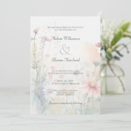 De lente Waterverf Wildflower Silhouet Bruiloft Kaart (Staand voorkant)