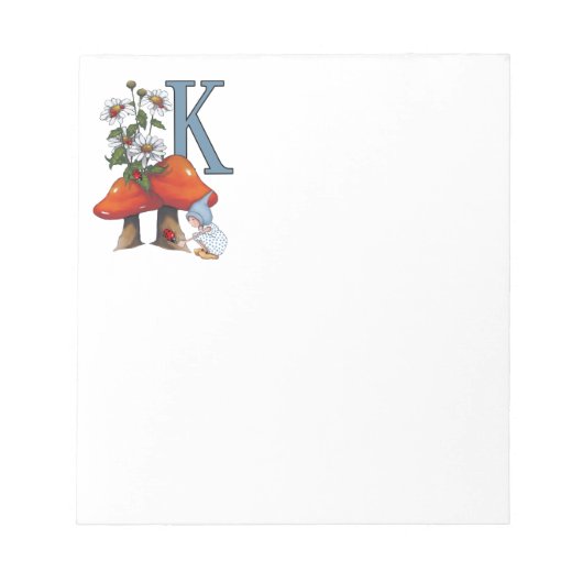 De letter K, INITIAAL, Toadstools, Gnome, Ladybug Notitieblok (Voorkant)