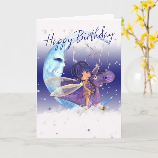 De leuke kaart van de Verjaardag, roze draak en (Gele Bloem)