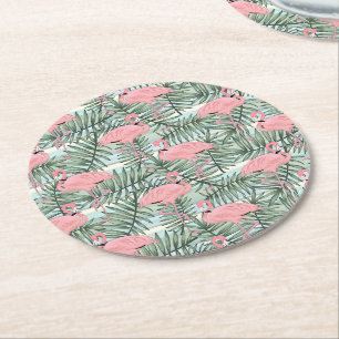 De leuke Roze Palm Flamingoes doorbladert Patroon Ronde Kartonnen Onderzetter