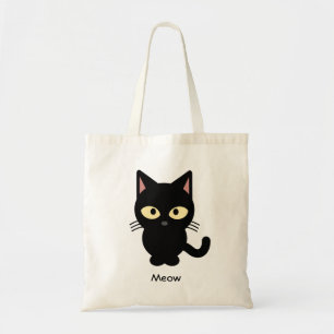 De leuke zwarte cartoon van de kattenmiauw tote bag