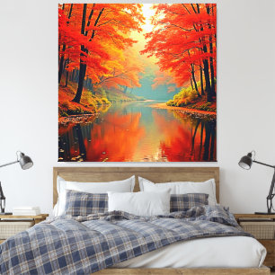 De levendige Autumn Forest River Canvas Afdruk