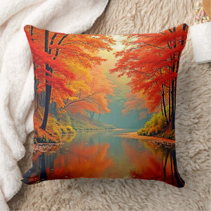 De levendige Autumn Forest River Kussen