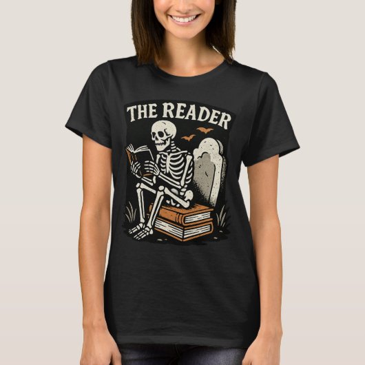 De lezer | Skeleton Booklover Halloween T-shirt (Voorkant)