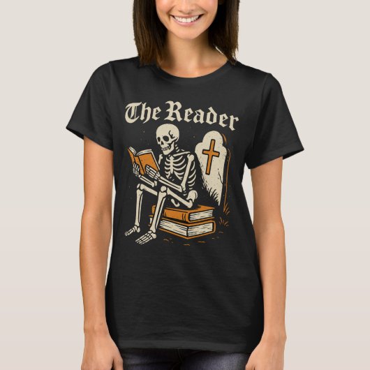 De lezer | Skeleton Booklover Halloween T-shirt (Voorkant)