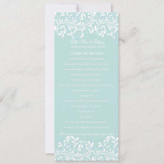 De lichtblauwe en witte Orde van Dienst van Sarah  Kaart (Voorkant)