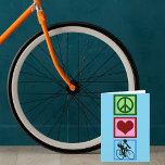 De Liefde die van de vrede Blauwe Fietser cirkelen Feestdagen Kaart<br><div class="desc">Een mooie teken van Greenpeace,  een leuk rood hart,  en een silhouet van een persoon die een fiets berijden op een blauw vierkant. Een mooie het cirkelen gift van Kerstmis.</div>