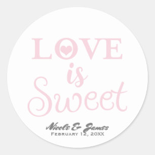 DE LIEFDE IS ZOET Roze & Witte Moderne Trouwgunst Ronde Sticker