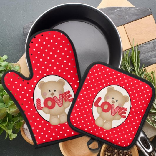 De liefde van de teddybeer ovenwant & pannenlap set