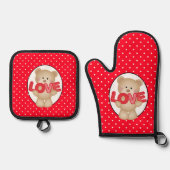 De liefde van de teddybeer ovenwant & pannenlap set (Voorkant)