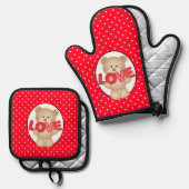 De liefde van de teddybeer ovenwant & pannenlap set (Voorkant / Achterkant)