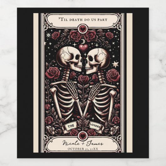 DE LIEFHEBBERS Tarot Skelet Love Red Roses Bruilof Wijn Etiket (Enkel label)