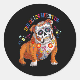 De Los Muertos Engelse buldog bloemenschedel gezic Ronde Sticker