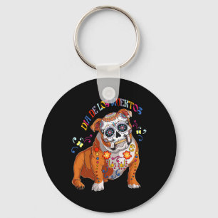 De Los Muertos Engelse buldog bloemenschedel gezic Sleutelhanger
