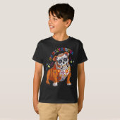 De Los Muertos Engelse buldog bloemenschedel gezic T-shirt (Voorkant volledig)