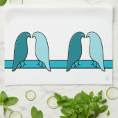 De Lovebirds in Aqua en Blauwgroen op White Theedoek (Gevouwen)