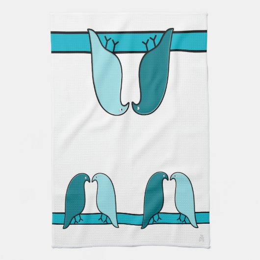 De Lovebirds in Aqua en Blauwgroen op White Theedoek (Verticaal)