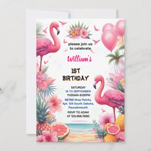 De Luau Fly Pink Flamingo Pool Party 1e verjaardag Kaart (Voorkant)
