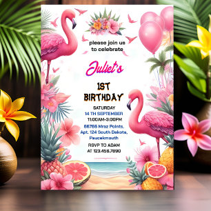 De Luau Fly Pink Flamingo Pool Party 1e verjaardag Kaart