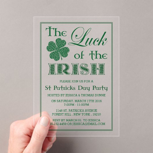 De Luck of the Irish St. Patrick's Day Acryl Uitnodigingen (Insitu (Draagbaar))