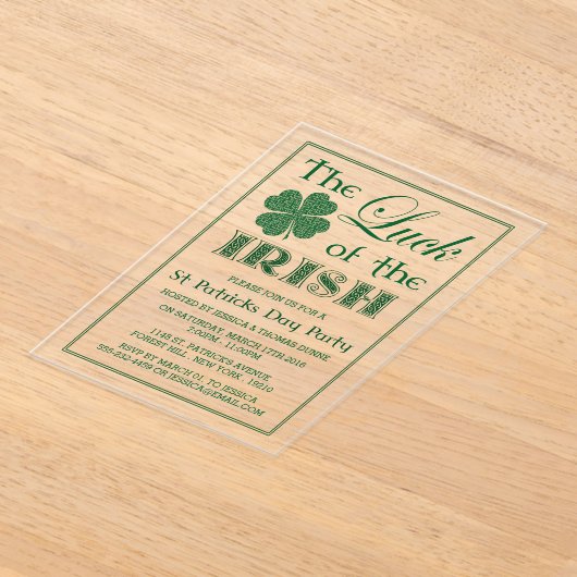 De Luck of the Irish St. Patrick's Day Acryl Uitnodigingen (Laagn)