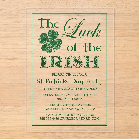 De Luck of the Irish St. Patrick's Day Acryl Uitnodigingen (Voorkant)