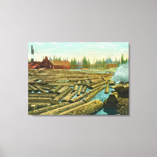 De Lumber Mill en Dam, de rivier gevuld met Canvas Afdruk (Voorkant)