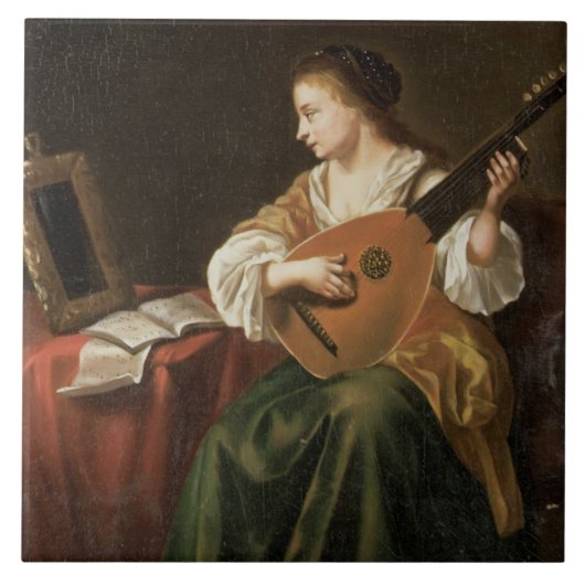 De Lute Player (olie op het paneel) Tegeltje (Voorkant)
