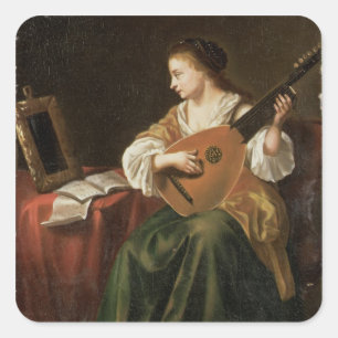 De Lute Player (olie op het paneel) Vierkante Sticker