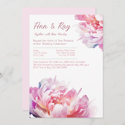 De luxe van pioenrozen uitnodiging (Voorkant / Achterkant)
