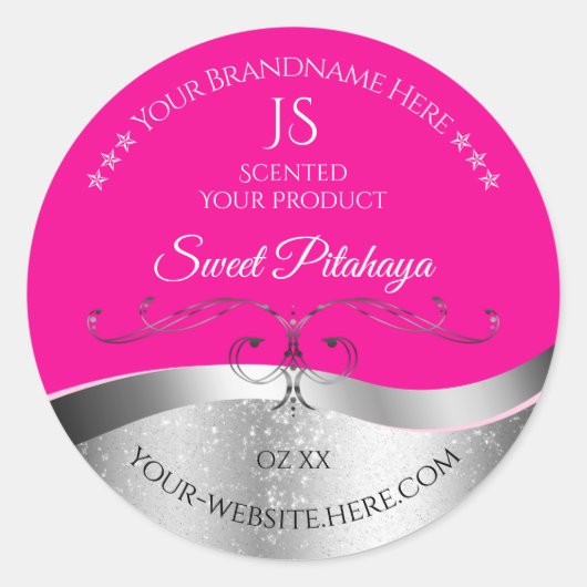 De Luxe Wavy Silver Decor Hot Pink Monogram Label (Voorkant)