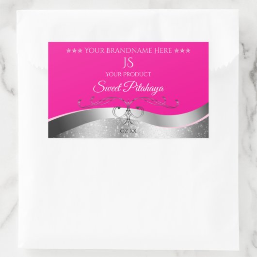 De Luxe Wavy Silver Decor Hot Pink Monogram Label (Tas)