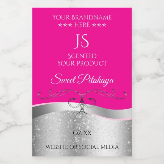 De Luxe Wavy Silver Decor Hot Pink Monogram Label Voedselcontainer Etiket (Enkel label)
