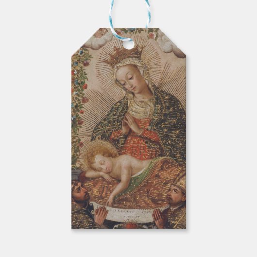 De Maagd aanbidt het Christuskind Kerstmis Cadeaulabel (Voorkant)