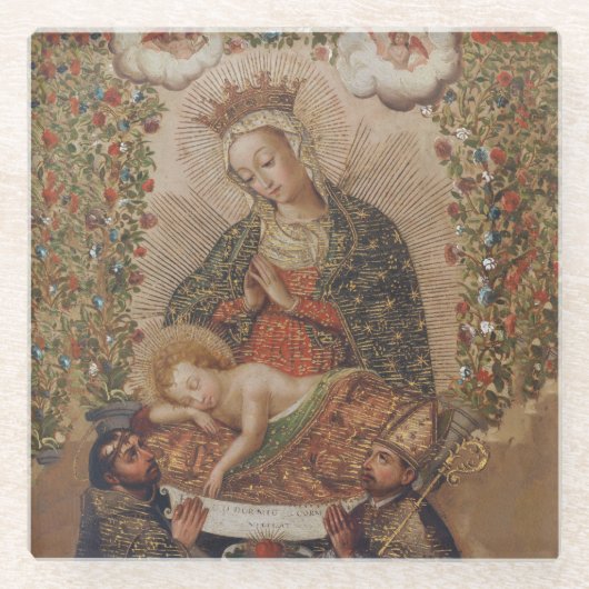 De Maagd aanbidt het Christuskind Kerstmis Glazen Onderzetter (Voorkant)