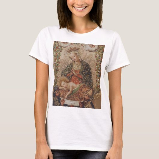 De Maagd aanbidt het Christuskind Kerstmis T-shirt (Voorkant)